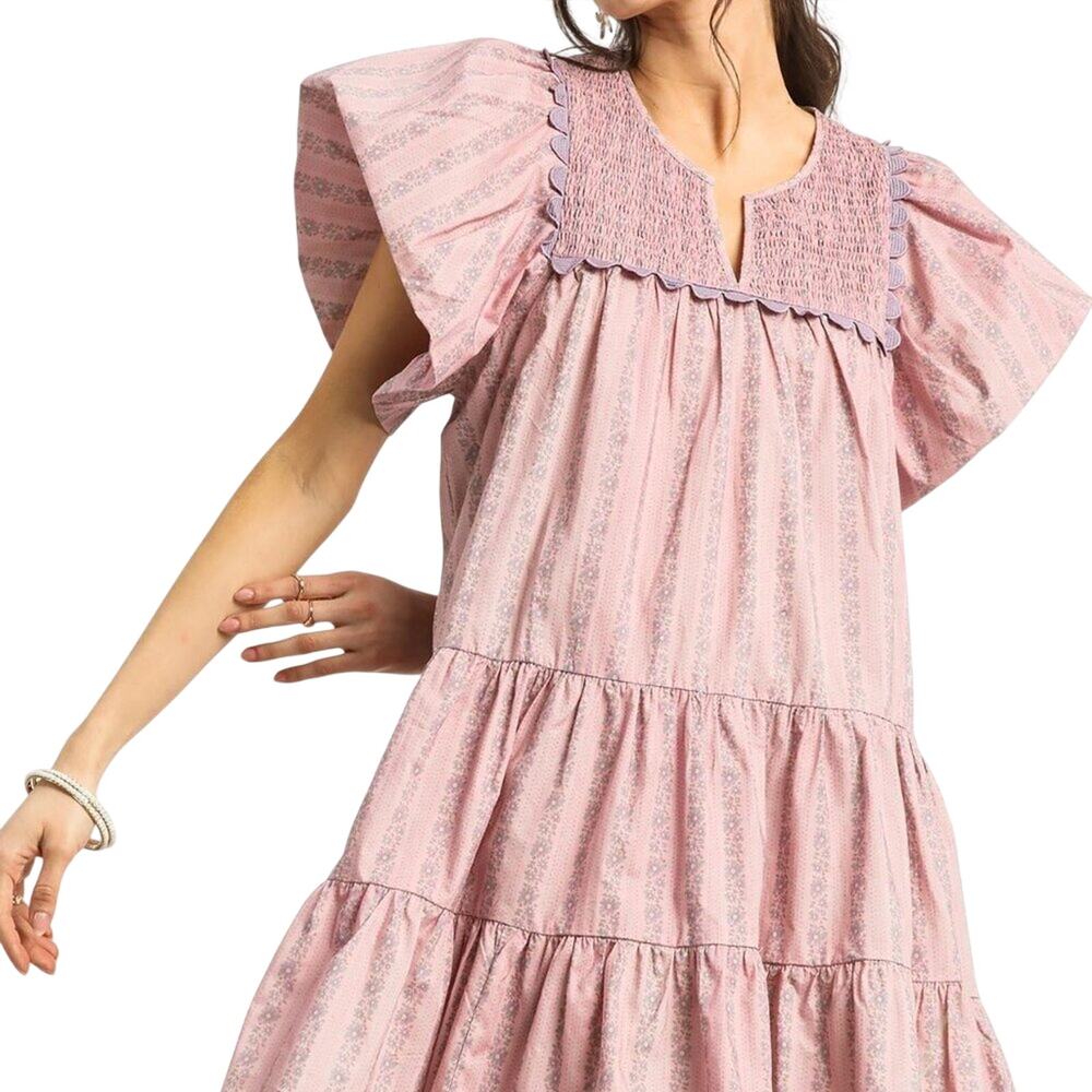 NWT Umgee Pink Yoke Flutter Sleeve Mini Dress Cottage Core Boho S